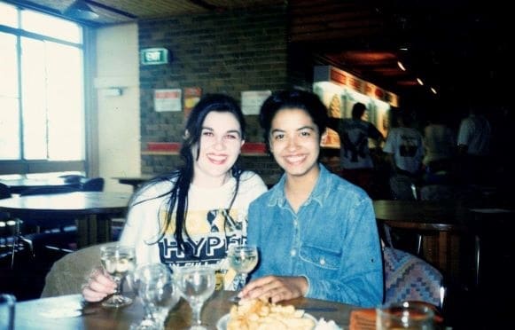 Two students at a table in the Uni Tavern, 1991